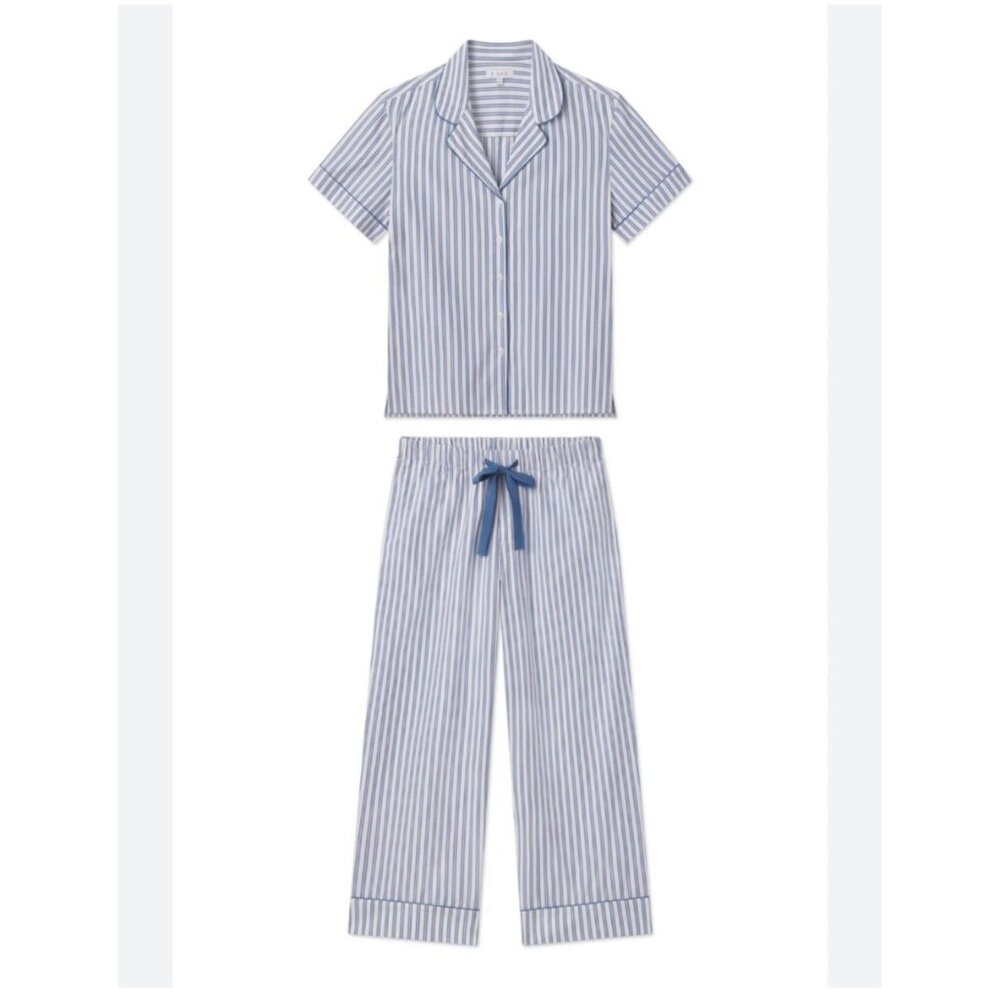 Lake L Poplin Chloe Pajama Set Seaport Shoreline Stripe Blue White 2 Pc Cotton - Picture 3 of 15